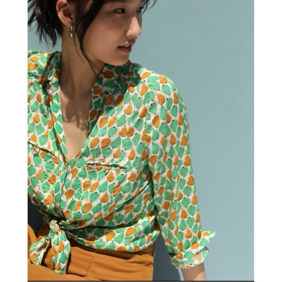 Anthropologie Conversations Pear Print Women’s Summer Button Front Shirt Sz 0 - Picture 1 of 12
